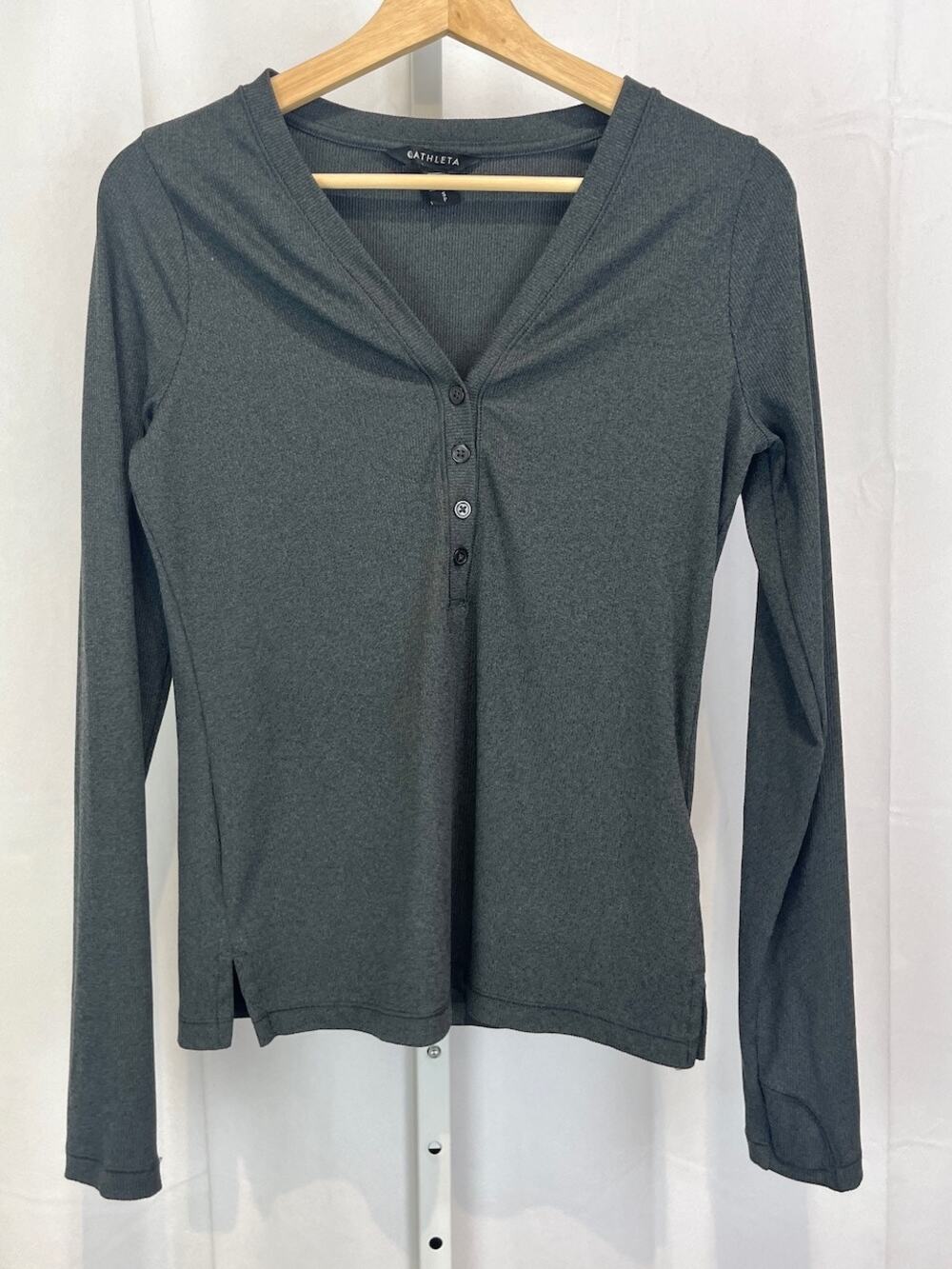 ATHLETA Uptempo Ribbed Knit Henley Top 981737 Long Sleeve Shirt Heather Gray S